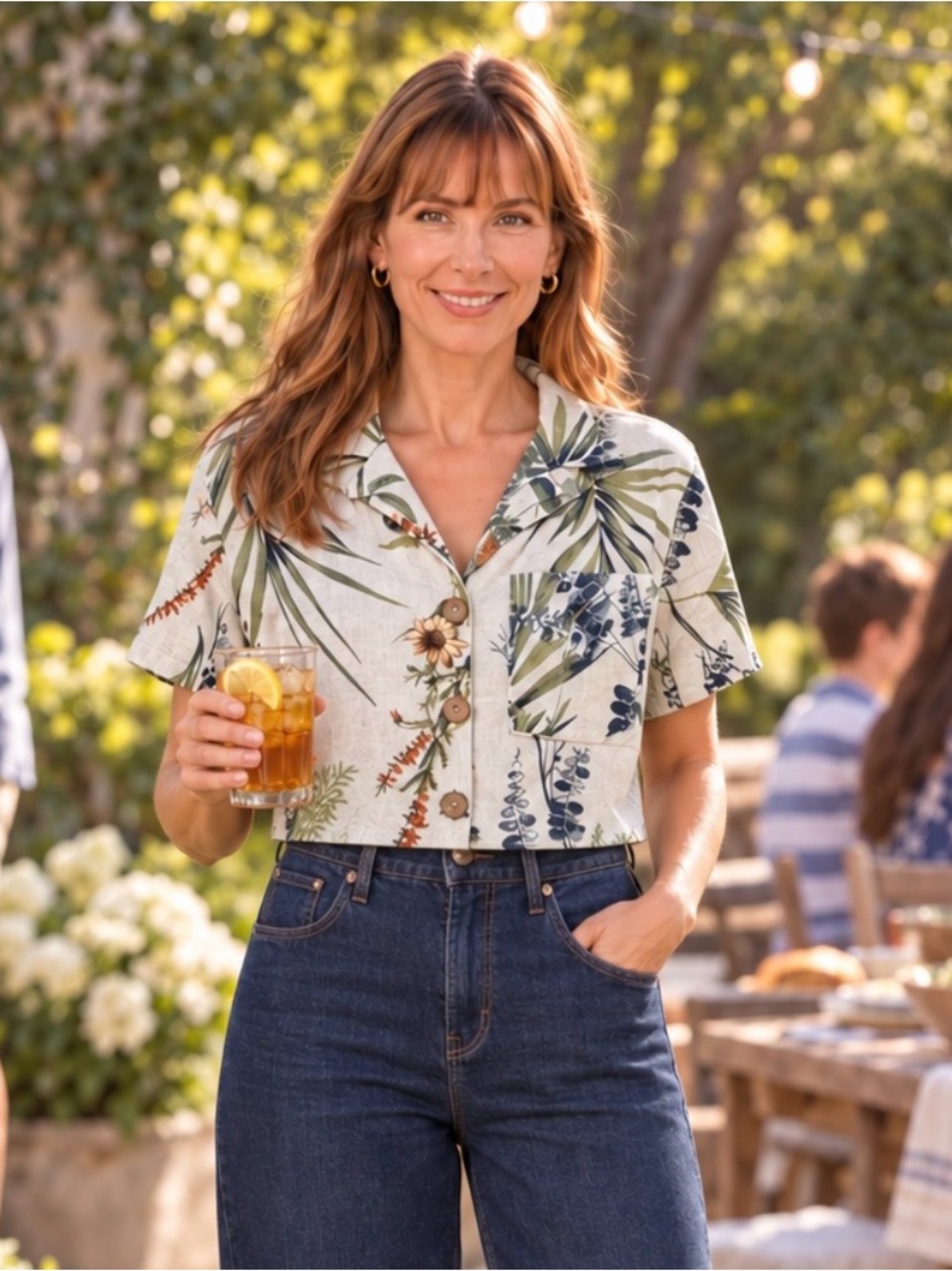 Cropped Botanical Button-Front Linen Shirt - Cream Floral